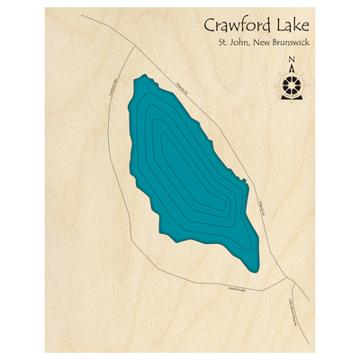 Bathymetric topo map of Crawford Lake, NB with roads, towns and depths noted in blue water.