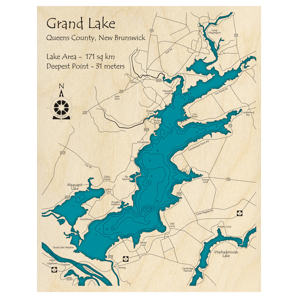 Bathymetric topo map of Grand Lake, NB with roads, towns and depths noted in blue water.