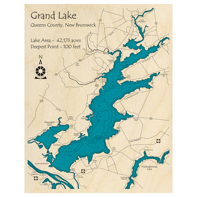 Bathymetric topo map of Grand Lake, NB with roads, towns and depths noted in blue water.