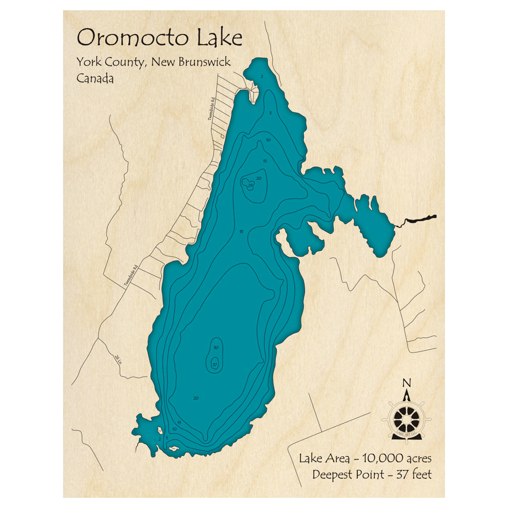 Bathymetric topo map of Oromocto Lake, NB with roads, towns and depths noted in blue water.
