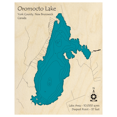 Bathymetric topo map of Oromocto Lake, NB with roads, towns and depths noted in blue water.
