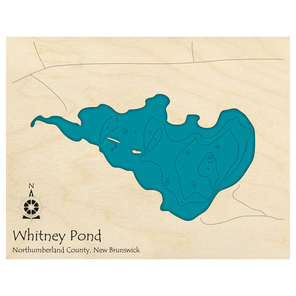 Bathymetric topo map of Whitney Pond, NB with roads, towns and depths noted in blue water.