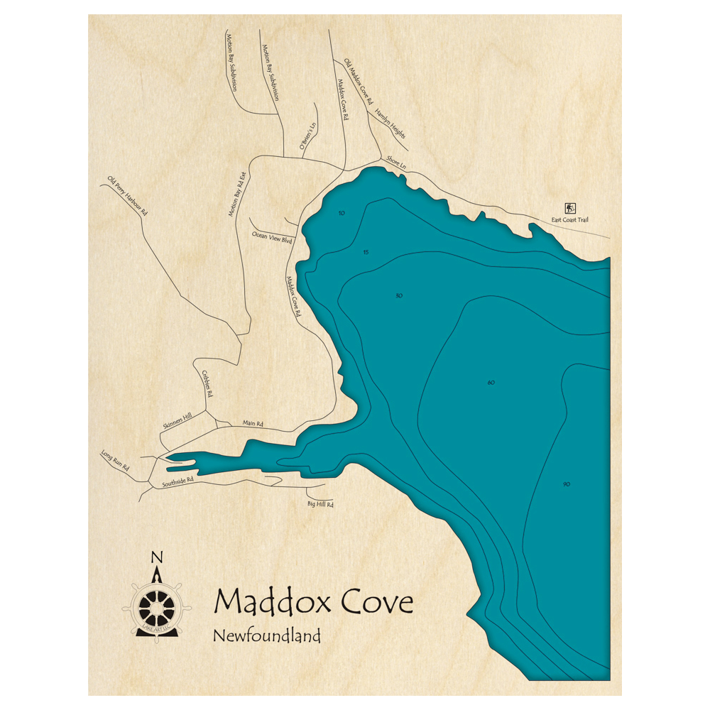 Bathymetric topo map of Maddox Cove, NF with roads, towns and depths noted in blue water.