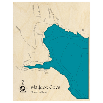 Bathymetric topo map of Maddox Cove, NF with roads, towns and depths noted in blue water.
