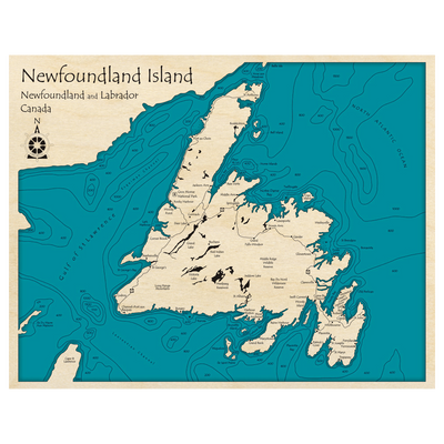 Bathymetric topo map of Newfoundland Island, NF with roads, towns and depths noted in blue water.