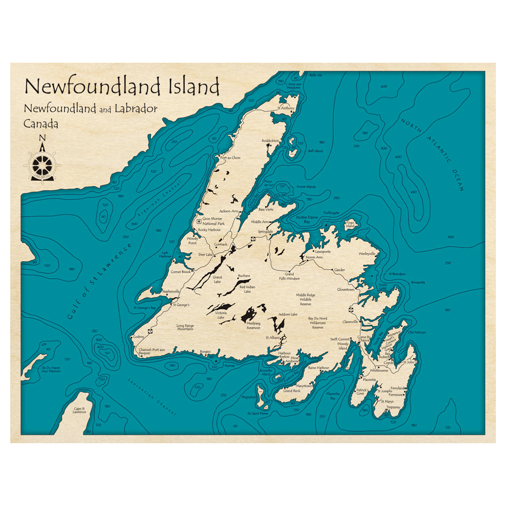 Bathymetric topo map of Newfoundland Island, NF with roads, towns and depths noted in blue water.