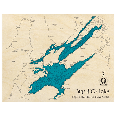 Bathymetric topo map of Bras Dor Lake, NS with roads, towns and depths noted in blue water.