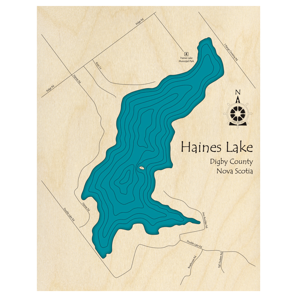 Bathymetric topo map of Haines Lake, NS with roads, towns and depths noted in blue water.