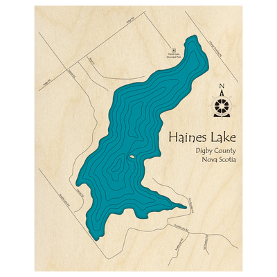 Bathymetric topo map of Haines Lake, NS with roads, towns and depths noted in blue water.