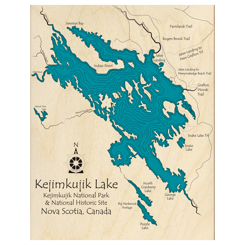 Bathymetric topo map of Kejimkujik Lake, NS with roads, towns and depths noted in blue water.