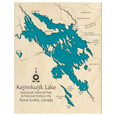 Bathymetric topo map of Kejimkujik Lake, NS with roads, towns and depths noted in blue water.