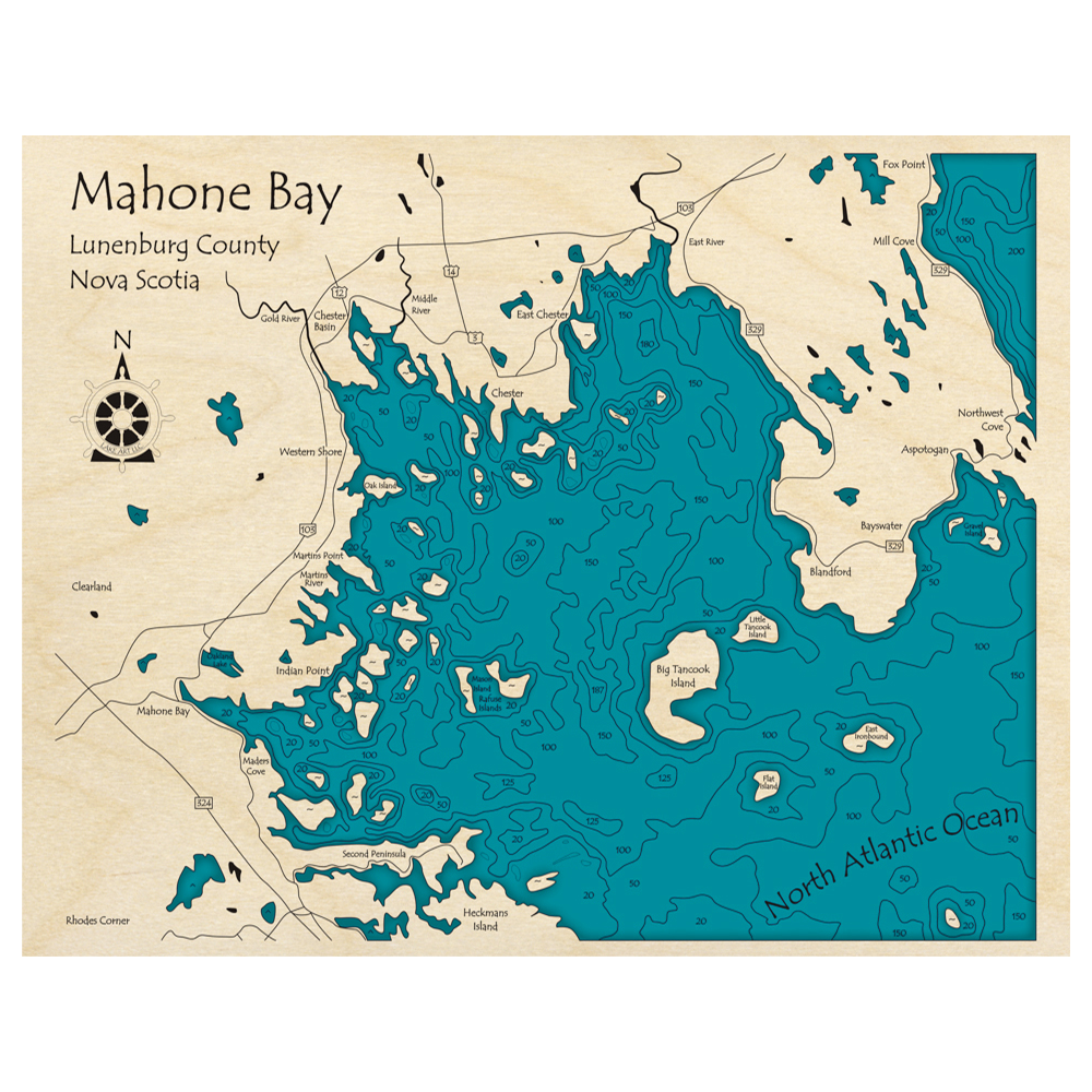 Bathymetric topo map of Mahone Bay, NS with roads, towns and depths noted in blue water.