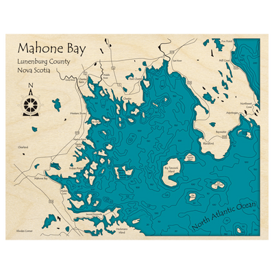 Bathymetric topo map of Mahone Bay, NS with roads, towns and depths noted in blue water.