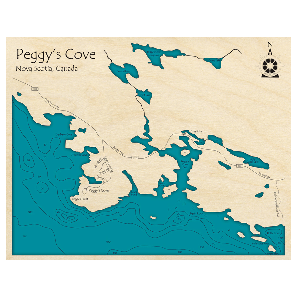 Bathymetric topo map of Peggys Cove, NS with roads, towns and depths noted in blue water.