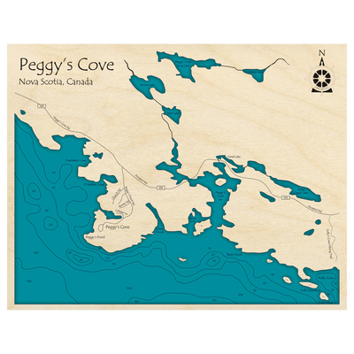 Bathymetric topo map of Peggys Cove, NS with roads, towns and depths noted in blue water.