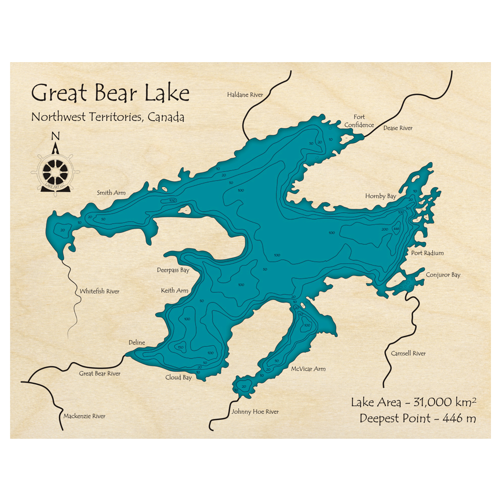 Bathymetric topo map of Great Bear Lake, NWT with roads, towns and depths noted in blue water.