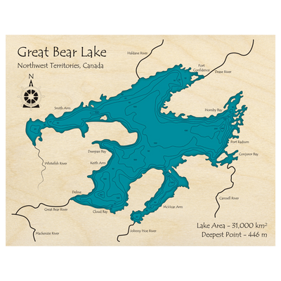 Bathymetric topo map of Great Bear Lake, NWT with roads, towns and depths noted in blue water.