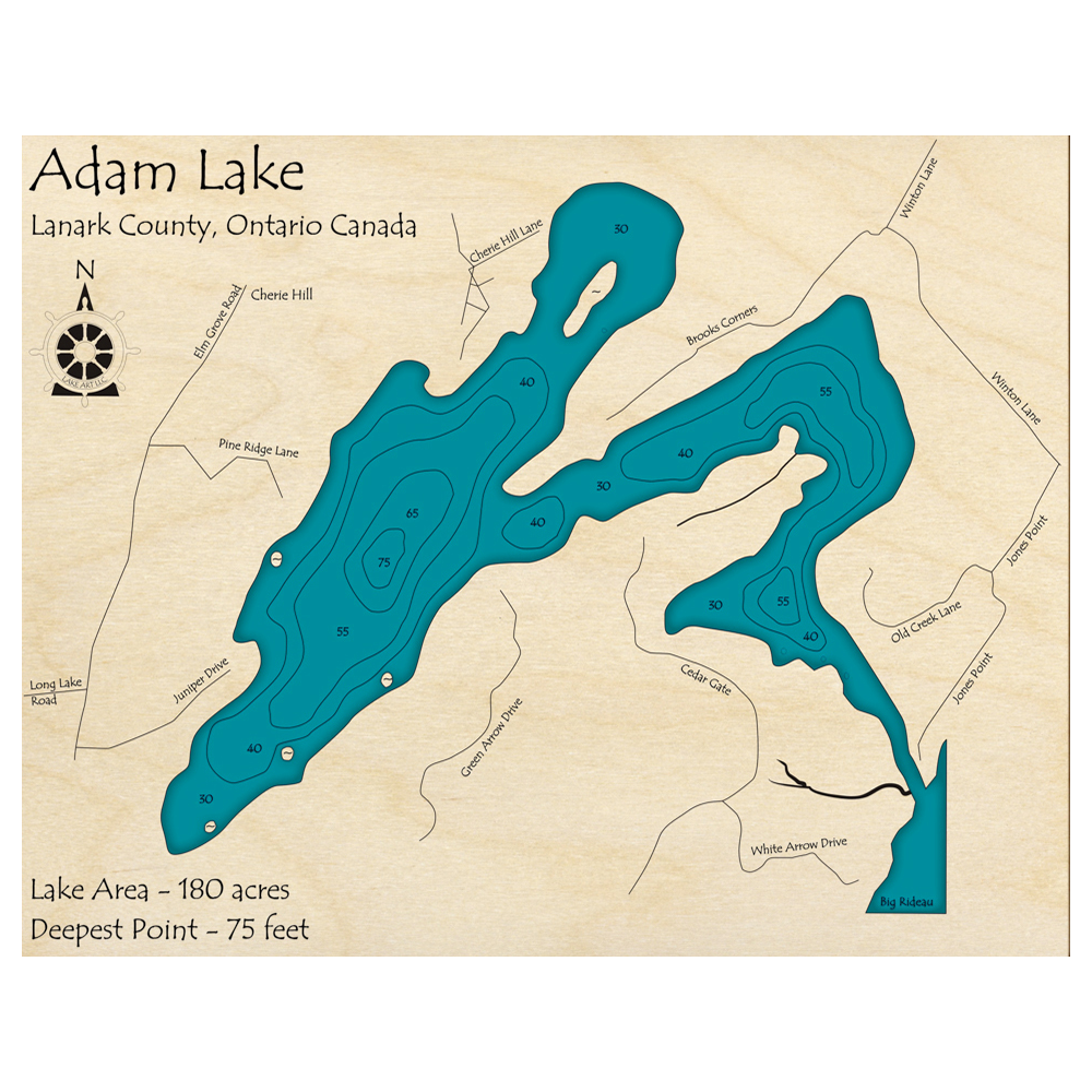 Adam Lake, Ontario 3D Custom Wood Map – Lake Art LLC