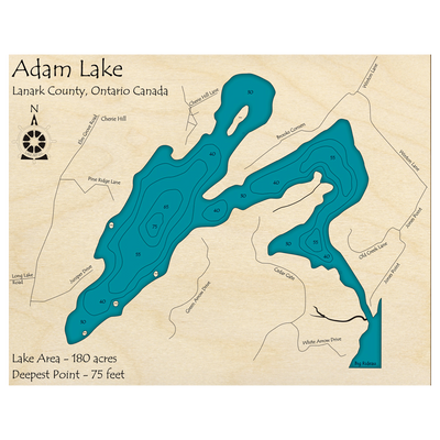 Bathymetric topo map of Adam Lake, ON with roads, towns and depths noted in blue water.