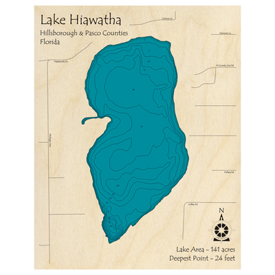 Bathymetric topo map of Lake Hiawatha, FL with roads, towns and depths noted in blue water.
