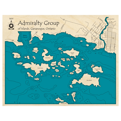 Bathymetric topo map of Admiralty Group of Islands, ON with roads, towns and depths noted in blue water.