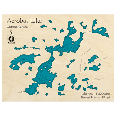 Bathymetric topo map of Aerobus Lake, ON with roads, towns and depths noted in blue water.