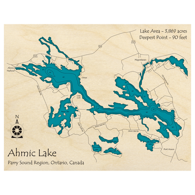 Bathymetric topo map of Ahmic Lake, ON with roads, towns and depths noted in blue water.