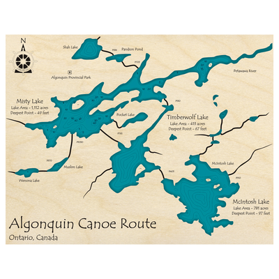 Bathymetric topo map of Algonquin Park Canoe Route, ON with roads, towns and depths noted in blue water.