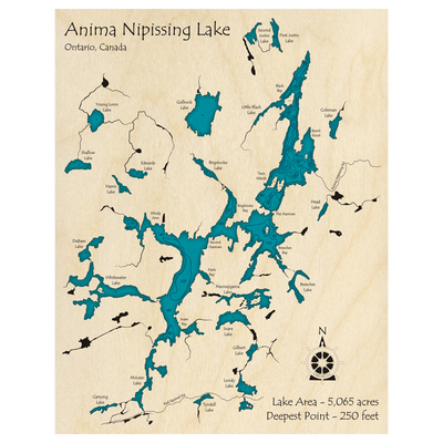 Bathymetric topo map of Anima Nipissing Lake, ON with roads, towns and depths noted in blue water.