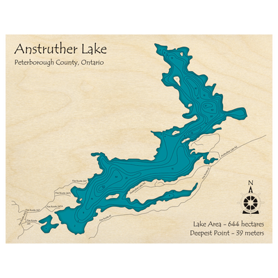 Bathymetric topo map of Anstruther Lake, ON with roads, towns and depths noted in blue water.