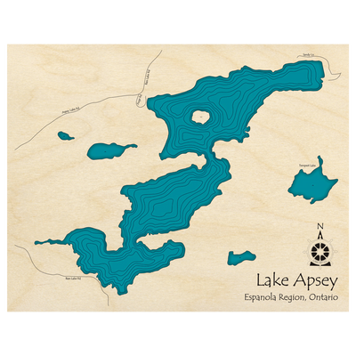 Bathymetric topo map of Lake Apsey, ON with roads, towns and depths noted in blue water.