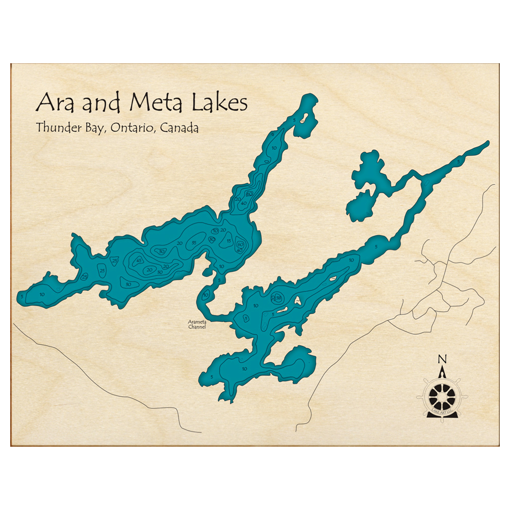 Bathymetric topo map of Ara Lake, ON with roads, towns and depths noted in blue water.