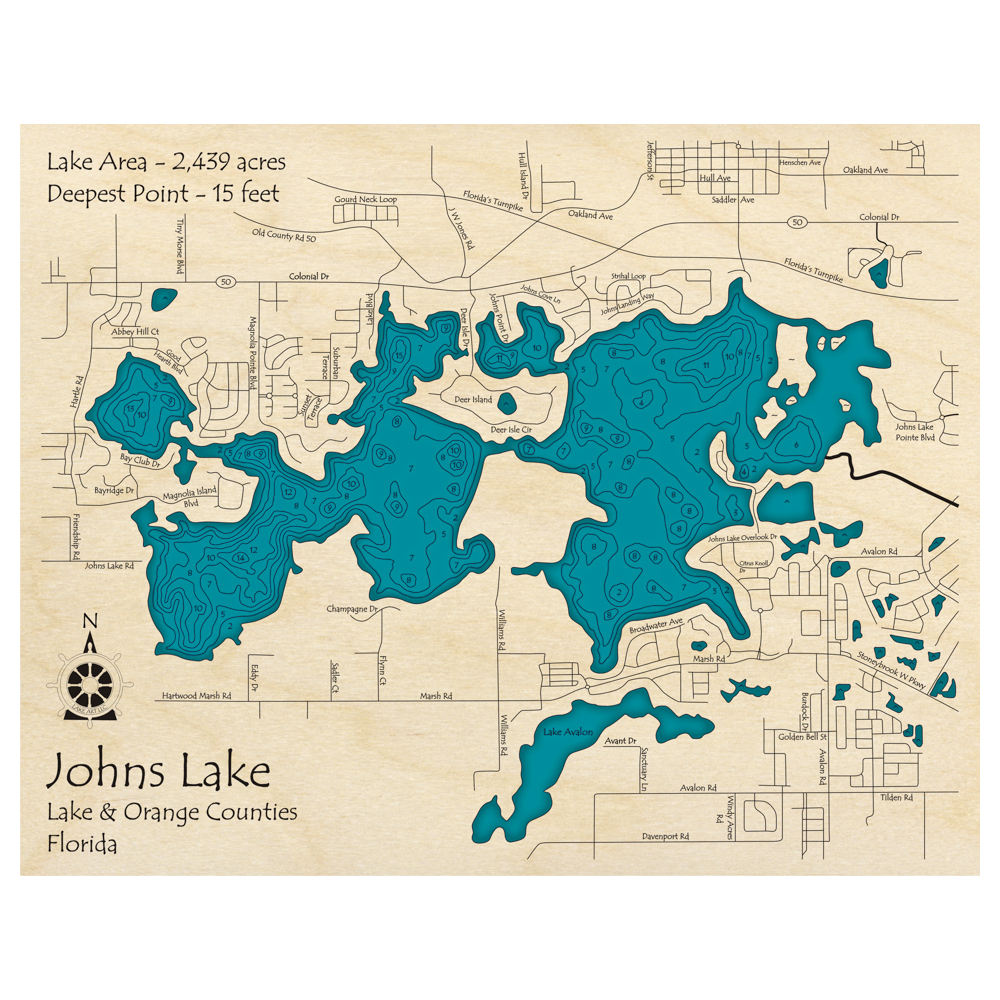 Bathymetric topo map of Johns Lake, FL with roads, towns and depths noted in blue water.