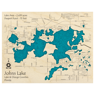 Bathymetric topo map of Johns Lake, FL with roads, towns and depths noted in blue water.
