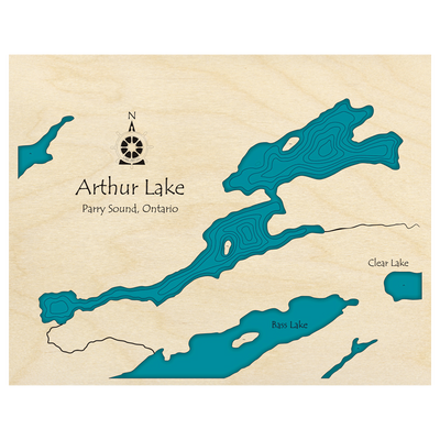 Bathymetric topo map of Arthur Lake, ON with roads, towns and depths noted in blue water.