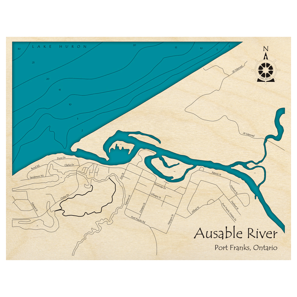 Bathymetric topo map of Ausable River at Port Franks, ON with roads, towns and depths noted in blue water.