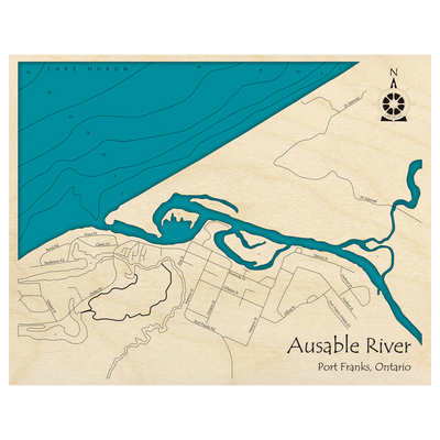 Bathymetric topo map of Ausable River at Port Franks, ON with roads, towns and depths noted in blue water.