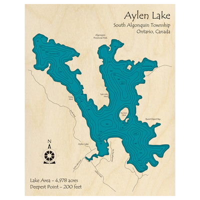 Bathymetric topo map of Aylen Lake, ON with roads, towns and depths noted in blue water.