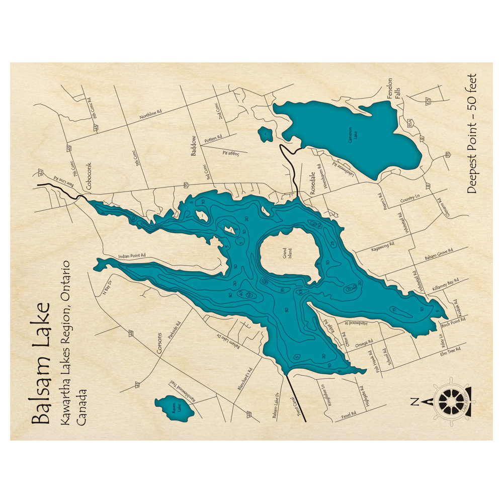 Bathymetric topo map of Balsam Lake, ON with roads, towns and depths noted in blue water.