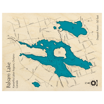 Bathymetric topo map of Balsam Lake, ON with roads, towns and depths noted in blue water.