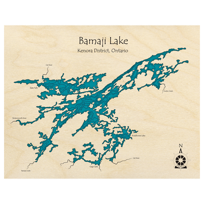 Bathymetric topo map of Bamaji Lake, ON with roads, towns and depths noted in blue water.