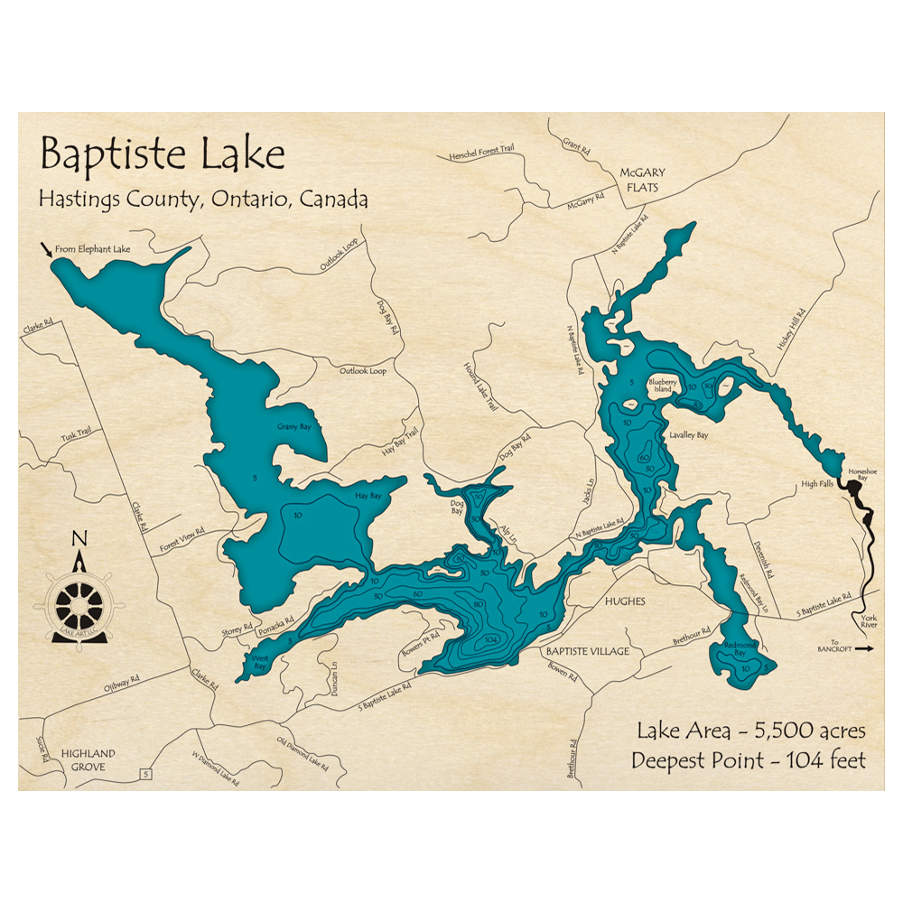 Bathymetric topo map of Baptiste Lake, ON with roads, towns and depths noted in blue water.