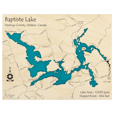 Bathymetric topo map of Baptiste Lake, ON with roads, towns and depths noted in blue water.