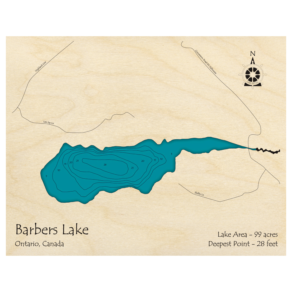 Bathymetric topo map of Barbers Lake, ON with roads, towns and depths noted in blue water.