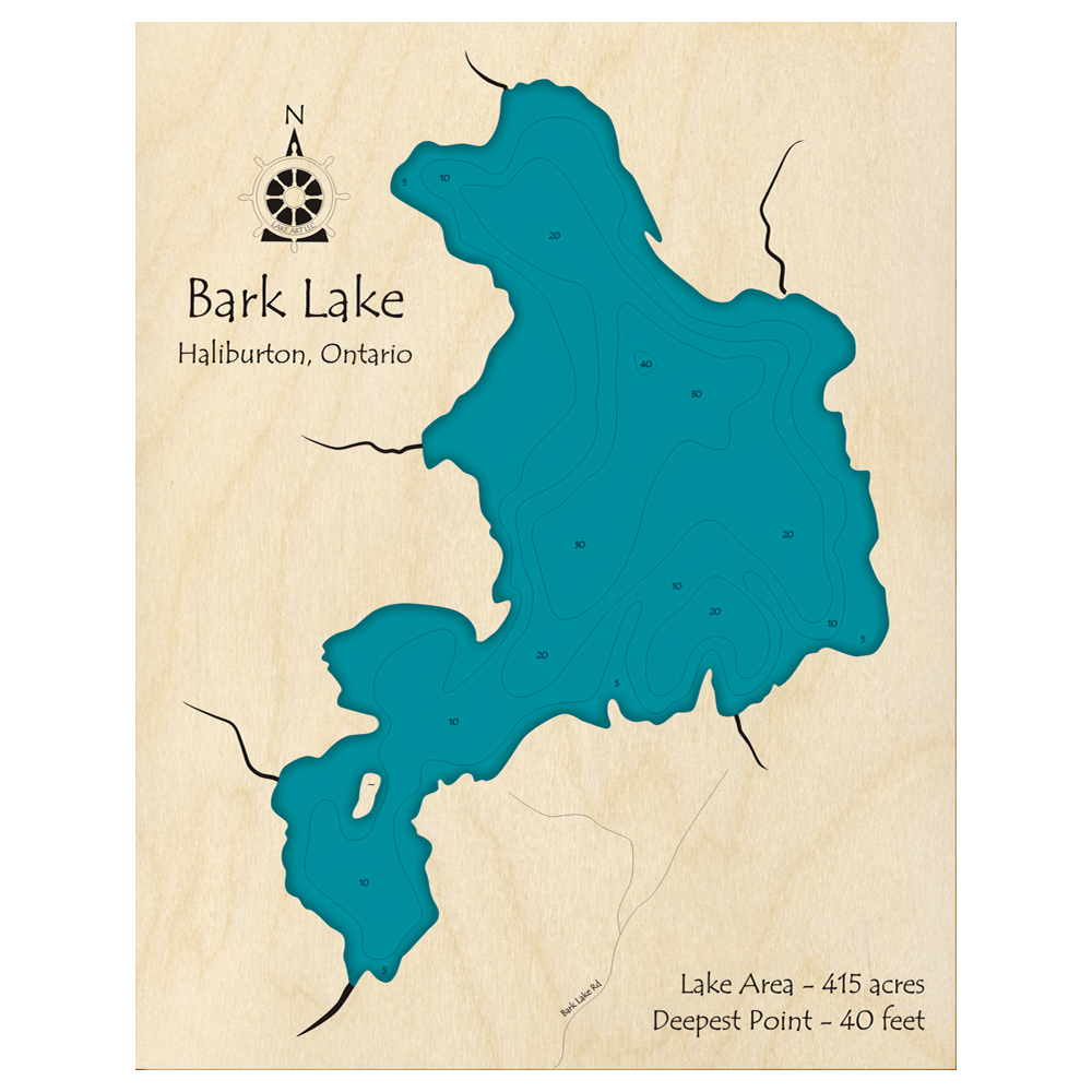 Bathymetric topo map of Bark Lake, ON with roads, towns and depths noted in blue water.
