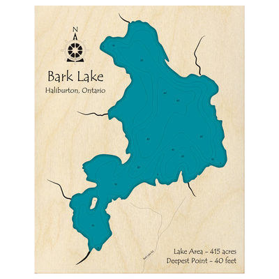 Bathymetric topo map of Bark Lake, ON with roads, towns and depths noted in blue water.