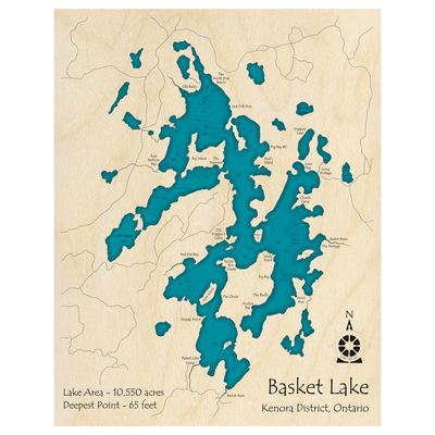 Bathymetric topo map of Basket Lake, ON with roads, towns and depths noted in blue water.