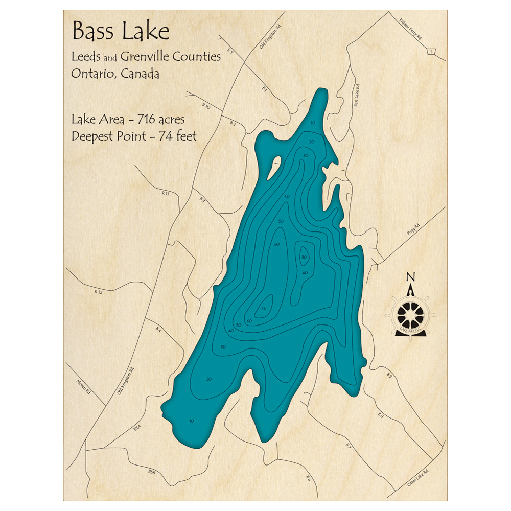 Bathymetric topo map of Bass Lake, ON with roads, towns and depths noted in blue water.