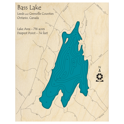 Bathymetric topo map of Bass Lake, ON with roads, towns and depths noted in blue water.
