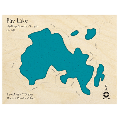 Bathymetric topo map of Bay Lake, ON with roads, towns and depths noted in blue water.